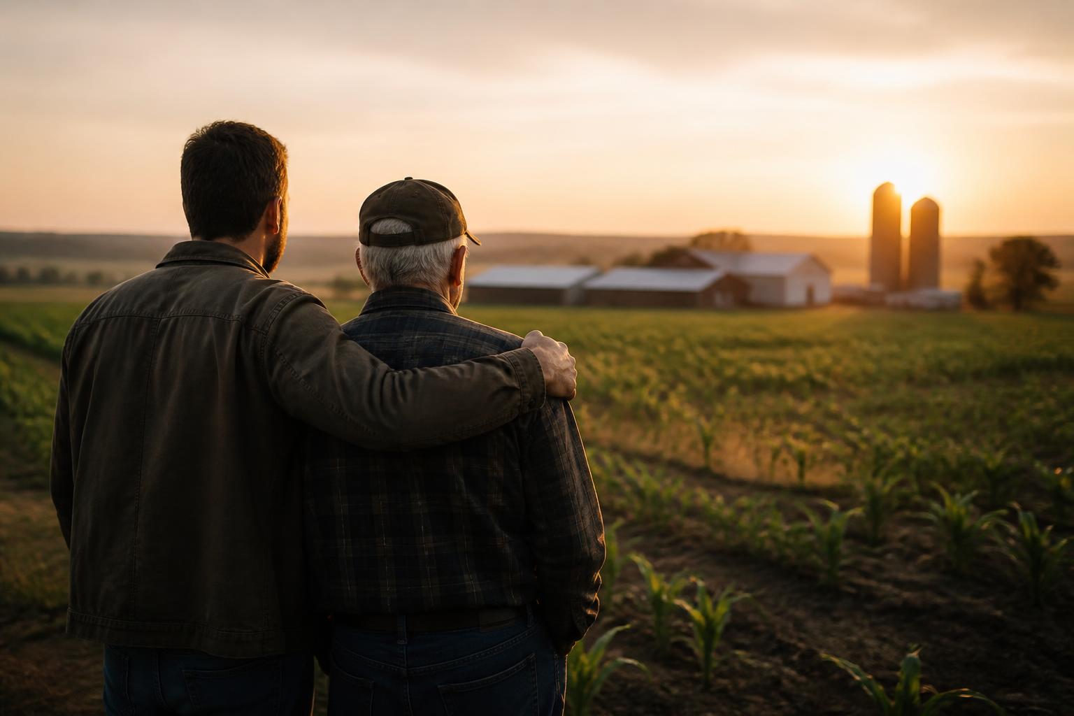 Adult son standing on family land beside a half-built workshop at golden hour