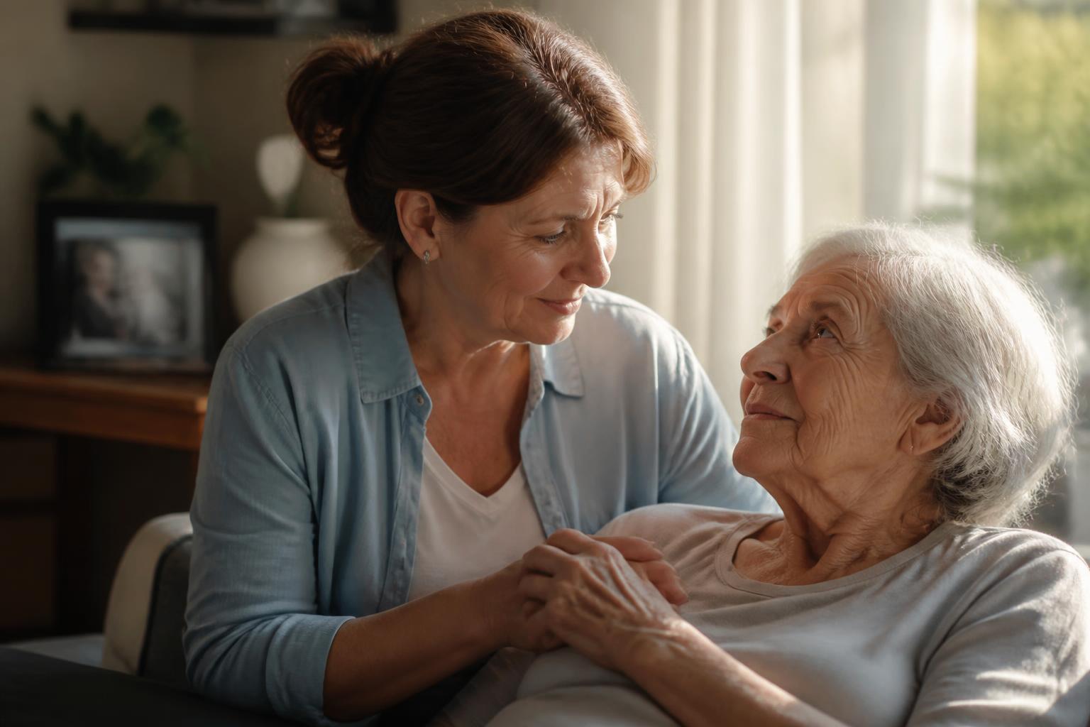 Adult child caregiver helping an elderly father on the porch of a family home