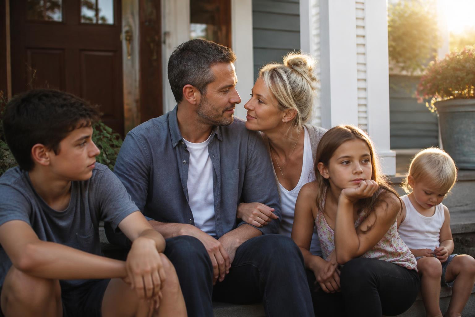 Blended family standing in front of an upscale suburban home