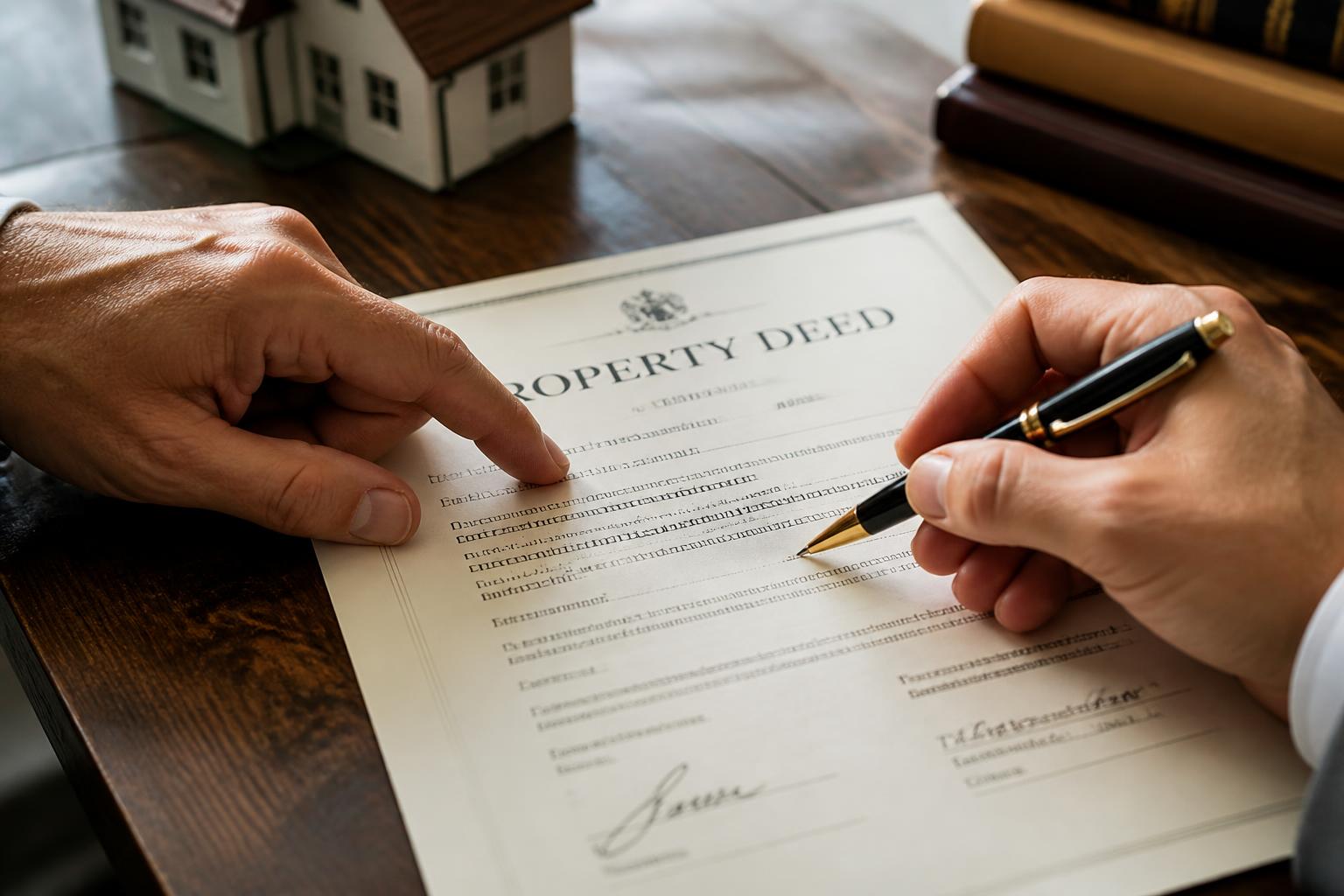 Close-up of a real estate deed document with pens on a desk