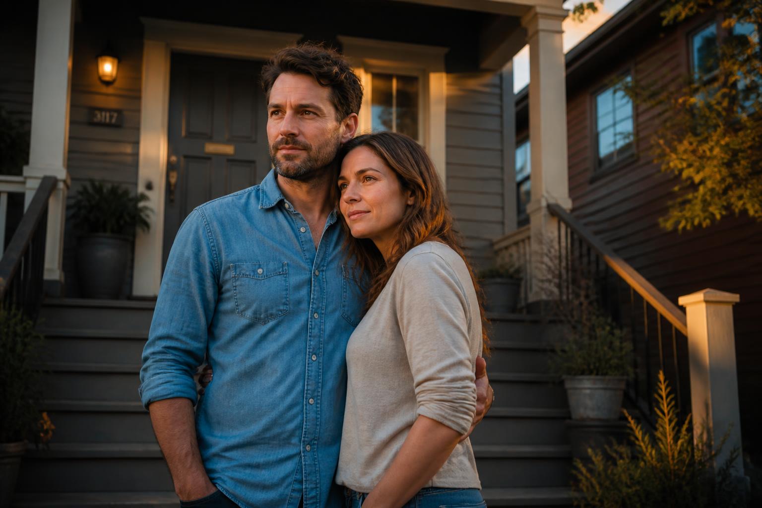 Unmarried couple holding hands on the front porch of their home