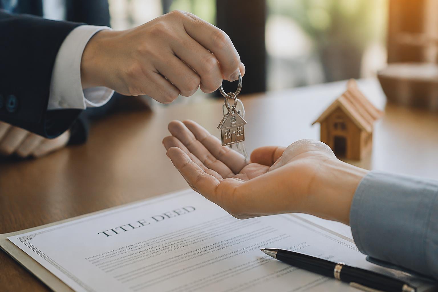 Closing table with contract documents, house keys, and a paused signing scene